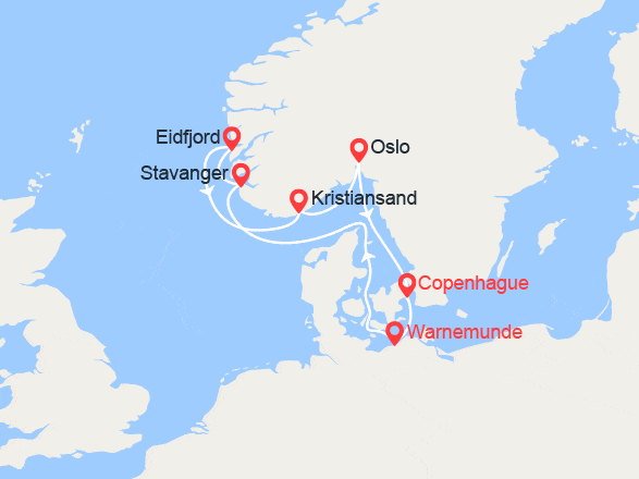 itinéraire croisière Fjords : Fjords : Stavanger, Eidfjord, Kristiansand, Oslo