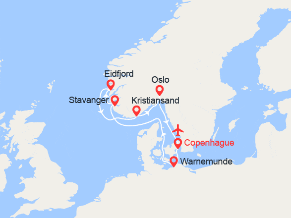 itinéraire croisière Fjords : Fjords : Stavanger, Eidfjord, Kristiansand, Oslo || Vols inclus