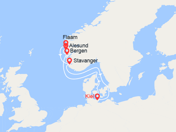 itinéraire croisière Fjords : Fjords: Bergen, Alesund, Flaam, Stavanger