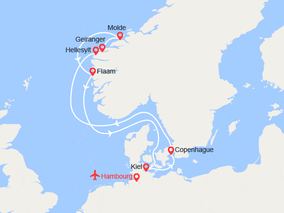 itinéraire croisière Fjords : Fjords: Geiranger, Molde, Flam... II Vols Inclus
