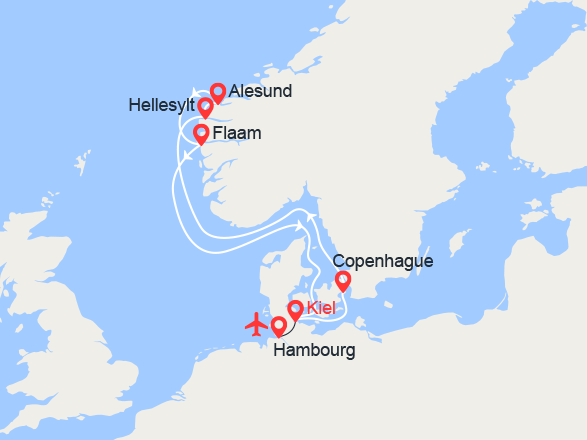 itinéraire croisière Fjords : Fjords: Hellesylt, Geiranger, Alesund... | Vols inclus 
