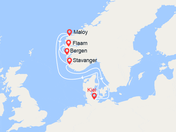 itinéraire croisière Fjords : Fjords: Maloy, Bergen, Flaam, Stavanger