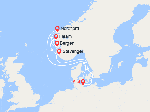 itinéraire croisière Fjords : Fjords: Nordfjordeid, Bergen, Flaam, Savanger