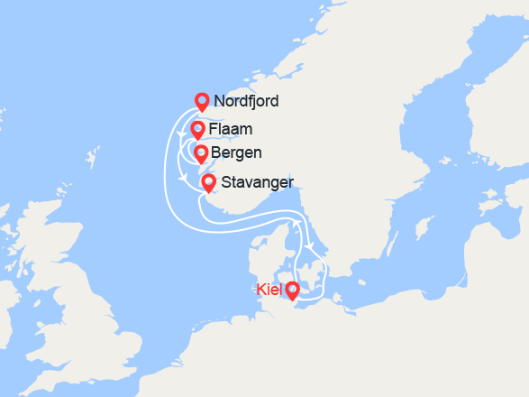 itinéraire croisière Fjords - Fjords : Fjords: Nordfjordeid, Bergen, Kristiansand, Stavanger 
