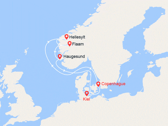 itinéraire croisière Fjords : Fjords de la Norvège : Copenhague, Kiel, Hellesylt, Flam, Haugesund
