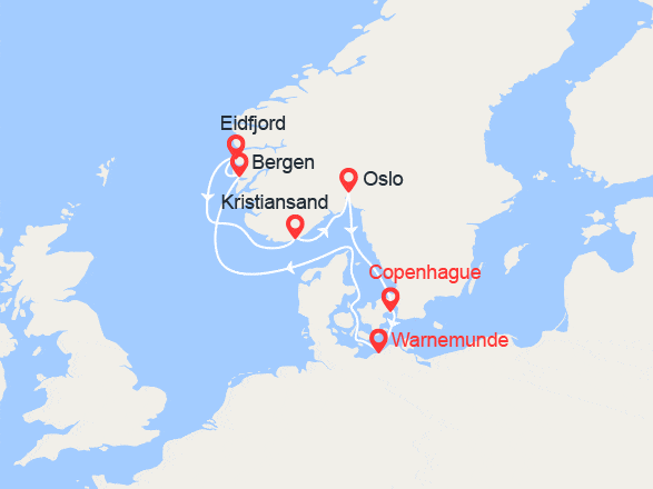 itinéraire croisière Fjords - Fjords : Fjords de la Norvège: Bergen, Eidfjord, Kristiansand, Oslo... 