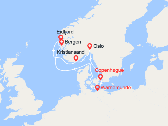 itinéraire croisière Fjords : Fjords de la Norvège: Bergen, Eidfjord, Kristiansand, Oslo...