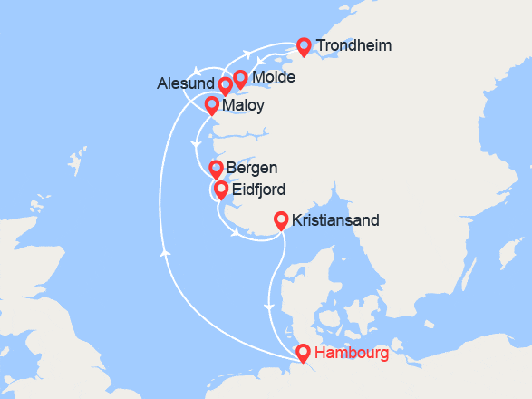 itinéraire croisière Fjords : Fjords de la Norvège: Maloy, Bergen, Eidfjord, Hambourg...