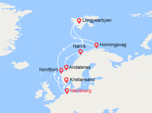 itinéraire croisière Fjords : Fjords de la Norvège, Spitzberg et Cap Nord (B)