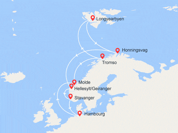 itinéraire croisière Europe du Nord : Fjords de la Norvège, Spritzberg et Cap Nord