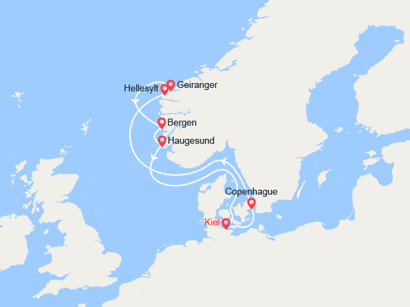 itin&eacute;raire croisi&egrave;re Fjords : Fjords de Norvège : Copenhague, Geiranger, Bergen, Haugesund 