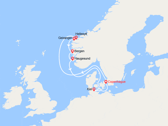 itin&eacute;raire croisi&egrave;re Fjords : Fjords de Norvège : Geiranger, Bergen, Haugesund, Kiel 