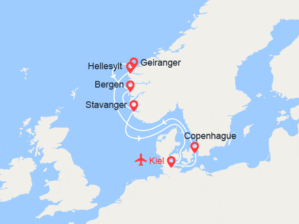 itinéraire croisière Fjords : Fjords de Norvège : Geiranger, Bergen, Stavanger - Vols inclus