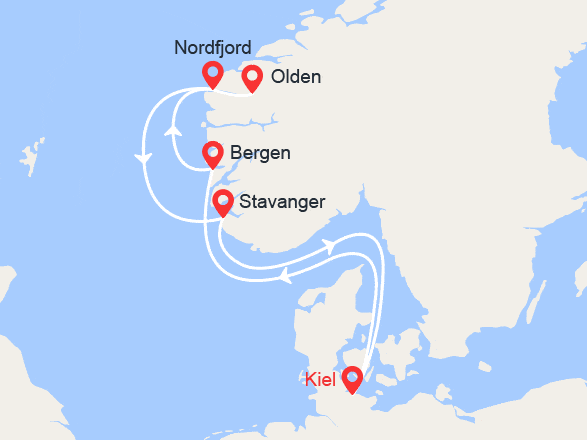 itinéraire croisière Fjords : Fjords de Norvège: Bergen, Nordfjordeid, Olden, Stavanger