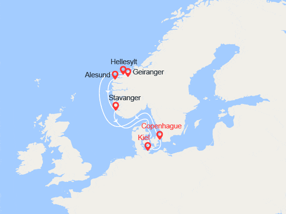 itinéraire croisière Fjords : Fjords de Norvège: Geiranger, Alesund, Stavanger
