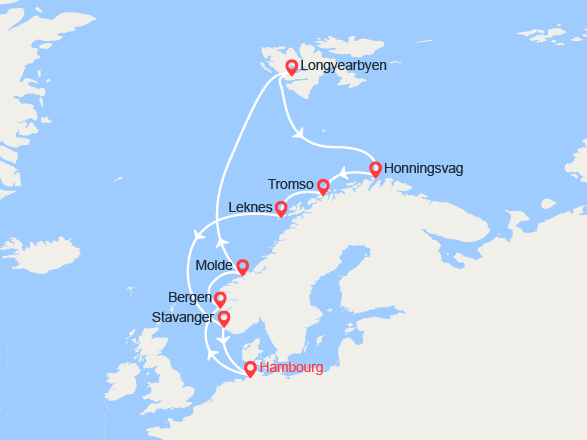 itinéraire croisière Fjords : Fjords de Norvège, Spitzberg, Cap Nord