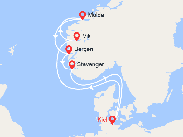 itinéraire croisière Fjords : Fjords de Norvège: Vik, Molde, Bergen, Stavanger