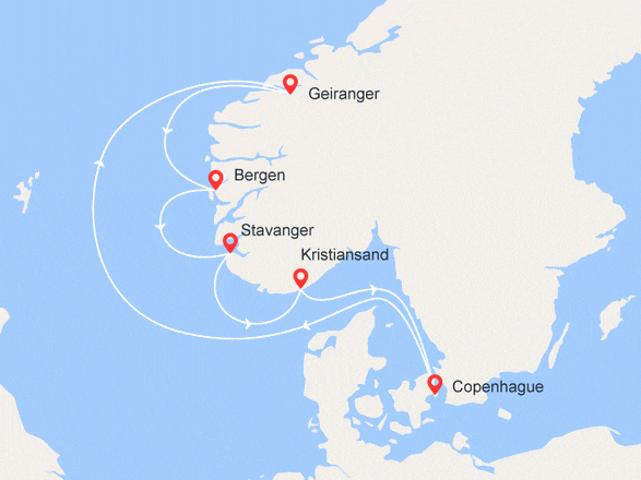 itinéraire croisière Fjords : Fjords Mystérieux : Geiranger, Bergen, Stavanger, Kristiansand