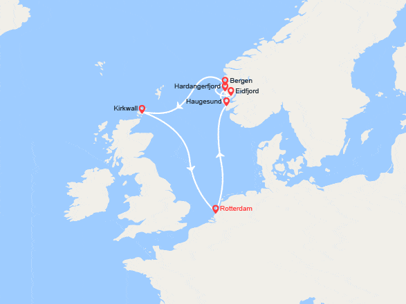itinéraire croisière Fjords : Fjords norvégiens & Ecosse : Haugesund, Eidfjord, Bergen, Kirkwall