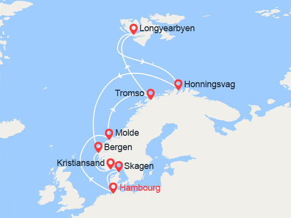 itinéraire croisière Fjords : Fjords Norvégiens, Spitsbergen, Cap Nord