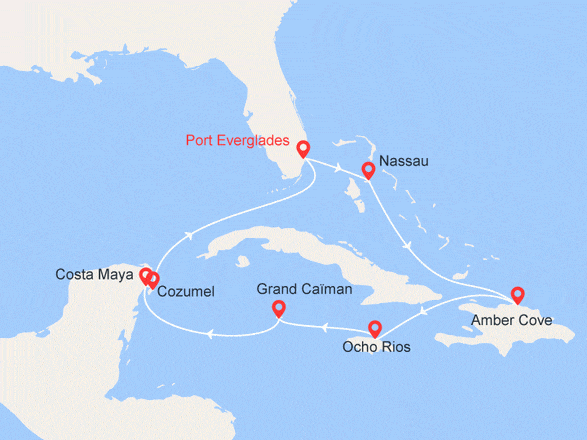 itinéraire croisière Caraïbes et Antilles : Floride, Bahamas, Iles Caïmans, Honduras, Belize, Mexique