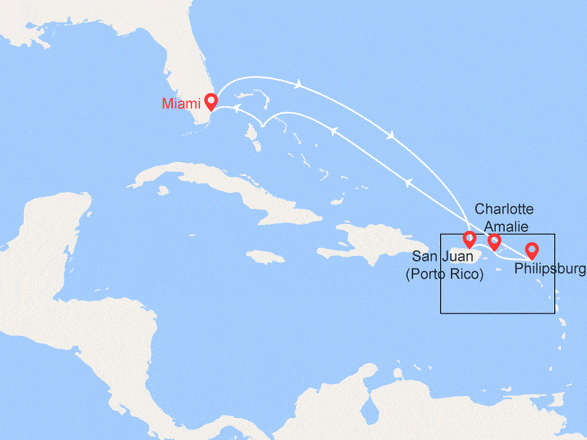 itinéraire croisière Caraïbes et Antilles : Floride, Porto Rico, Iles Vierges, St Martin, Bahamas