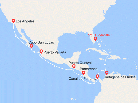 itinéraire croisière Amérique du Sud : Fort Lauderdale / Los Angeles : Colombie, Canal de Panama, Guatemala, Mexique...