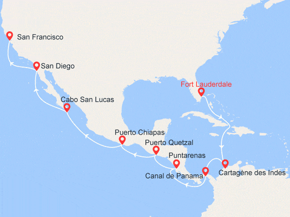 itinéraire croisière Amérique du Sud : Fort Lauderdale / San Francisco : Colombie, Canal de Panama, Mexique, Californie...