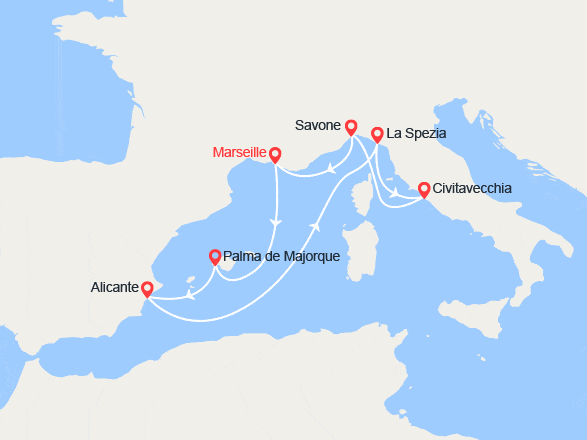 itinéraire croisière Méditerranée Occidentale : France, Baléares, Espagne, Italie