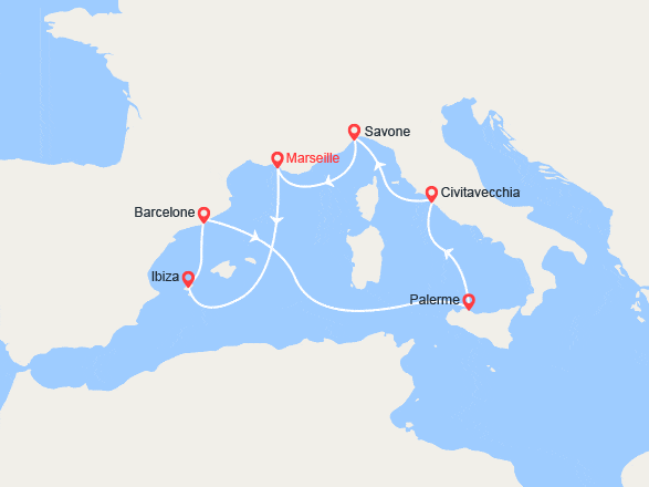 itin&eacute;raire croisi&egrave;re Méditerranée Occidentale : France, Baléares, Espagne, Italie 