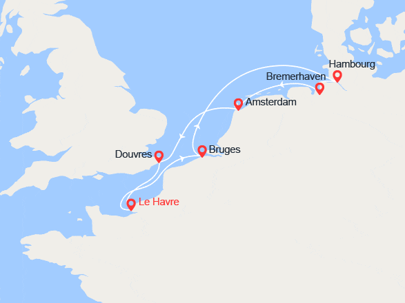 itinéraire croisière Europe du Nord - Islande : France, Belgique, Allemagne, Pays-Bas, Grande-Bretagne