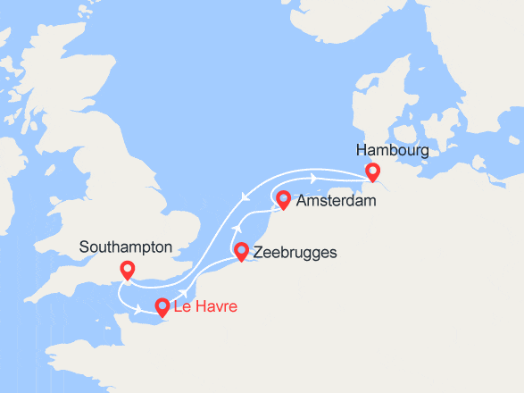 itinéraire croisière Europe du Nord : France, Belgique, Hollande, Allemagne, Royaume-Uni