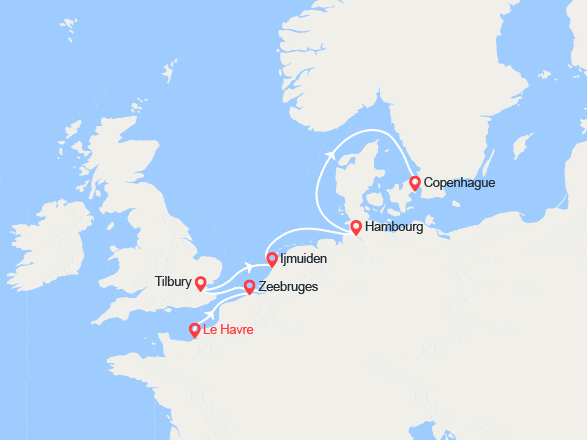 itin&eacute;raire croisi&egrave;re Europe du Nord : France, Belgique, Royaume-Uni, Pays-Bas, Allemagne, Danemark 