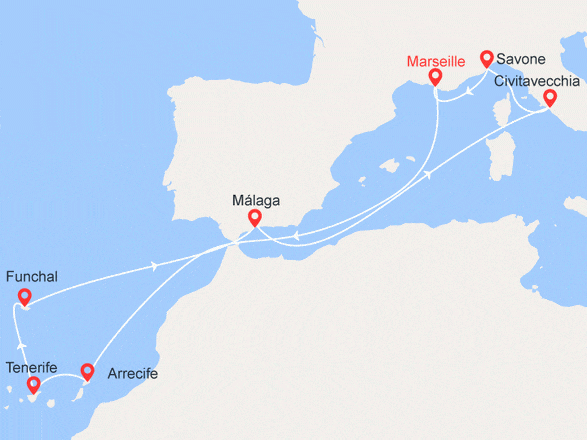 itinéraire croisière Méditerranée : France, Canaries, Madère, Espagne, Italie