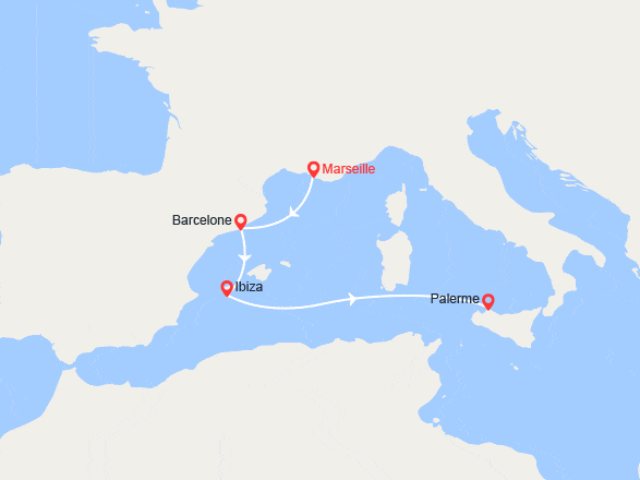 itinéraire croisière Méditerranée Occidentale : France, Espagne, Baléares, Italie