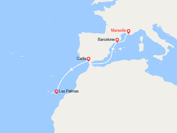 itinéraire croisière Méditerranée Occidentale : France, Espagne, Canaries