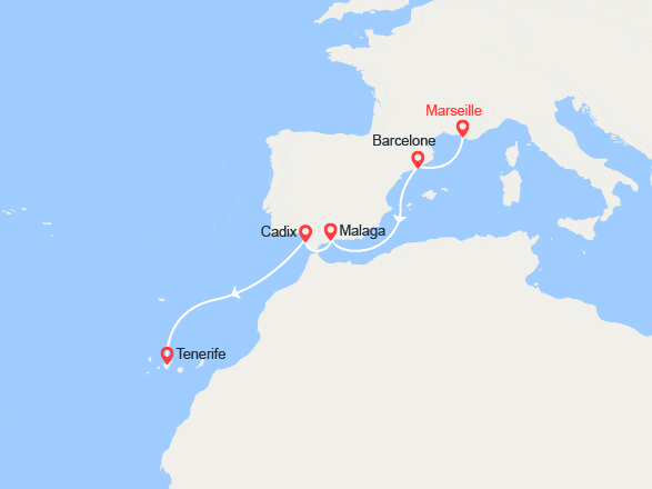 itin&eacute;raire croisi&egrave;re Méditerranée Occidentale : France, Espagne, Canaries 