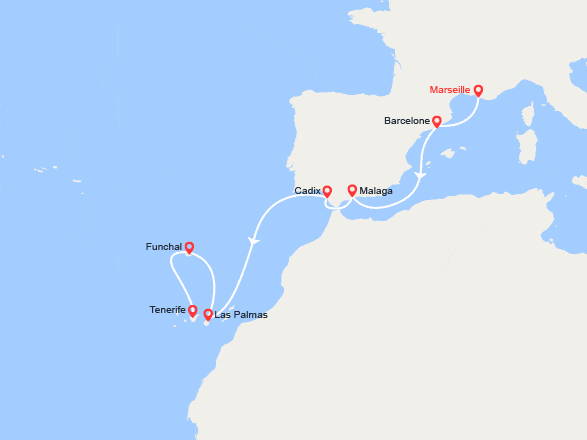 itin&eacute;raire croisi&egrave;re Méditerranée Occidentale : France, Espagne, Canaries, Madère 