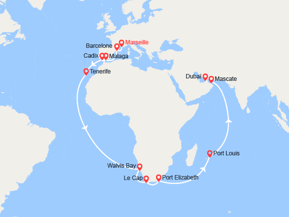 itinéraire croisière Moyen Orient : France, Espagne, Canaries, Namibia, Afrique du Sud, Maurice, Oman, Emirats Arabes Unis