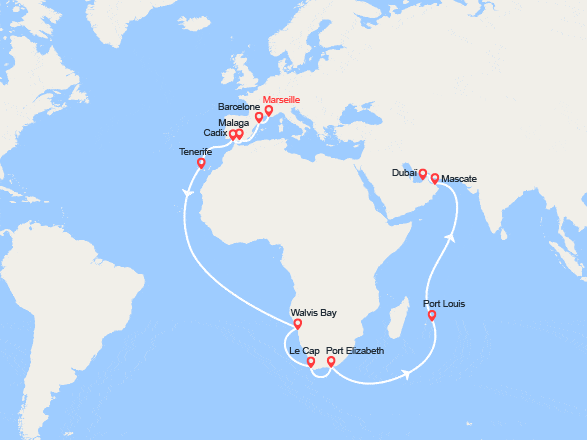 itin&eacute;raire croisi&egrave;re Moyen Orient : France, Espagne, Canaries, Namibia, Afrique du Sud, Maurice, Oman, Emirats Arabes Unis 