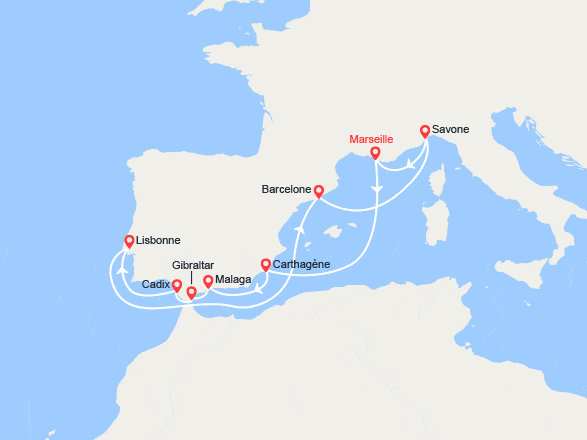 itin&eacute;raire croisi&egrave;re Méditerranée Occidentale : France, Espagne, Gibraltar, Portugal, Italie 