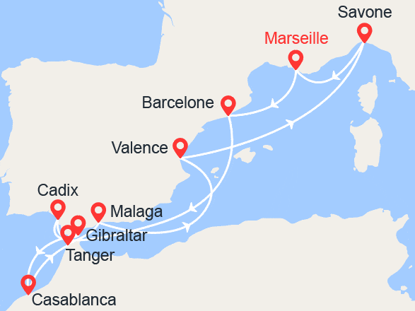 itinéraire croisière Méditerranée : France, Espagne, Gibraltar, Tanger, Italie