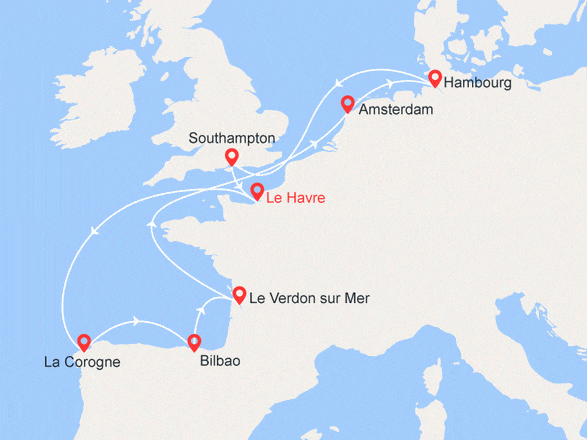 itinéraire croisière Europe du Nord : France, Espagne, Hollande, Allemagne, Royaume-Uni