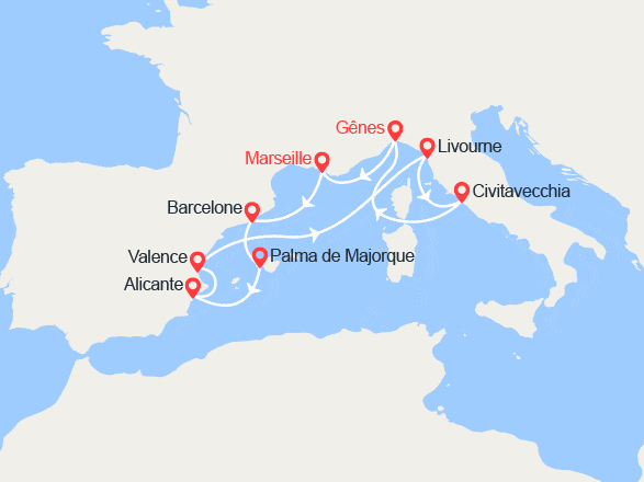 itinéraire croisière Méditerranée Occidentale : France, Espagne, Iles Baléares, France