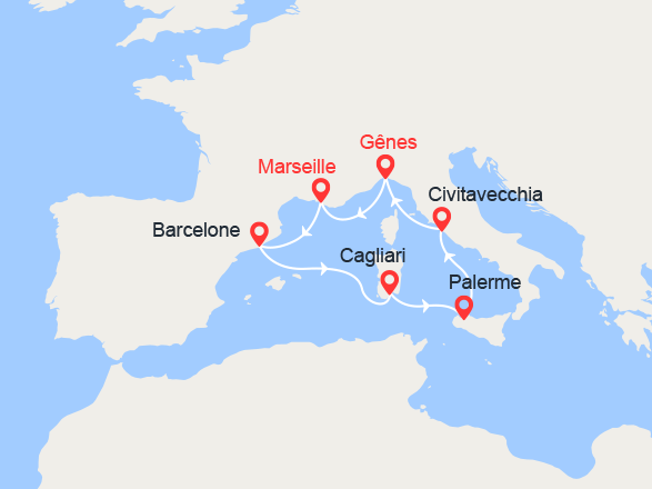 itinéraire croisière Méditerranée : France, Espagne, Italie