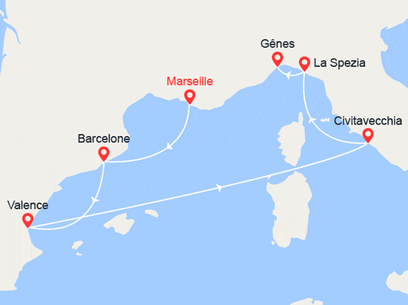 itinéraire croisière Méditerranée : France, Espagne, Italie