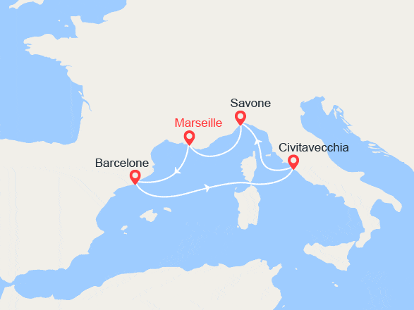 itin&eacute;raire croisi&egrave;re Méditerranée Occidentale : France, Espagne, Italie 