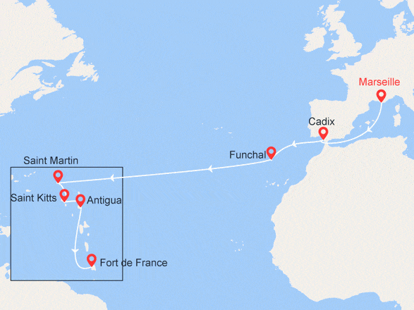 itinéraire croisière Transatlantique : France, Espagne, Madère, Antilles