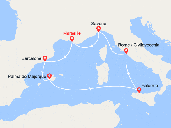 itin&eacute;raire croisi&egrave;re Méditerranée Occidentale : France, Espagne, Majorque, Sicile, Italie 