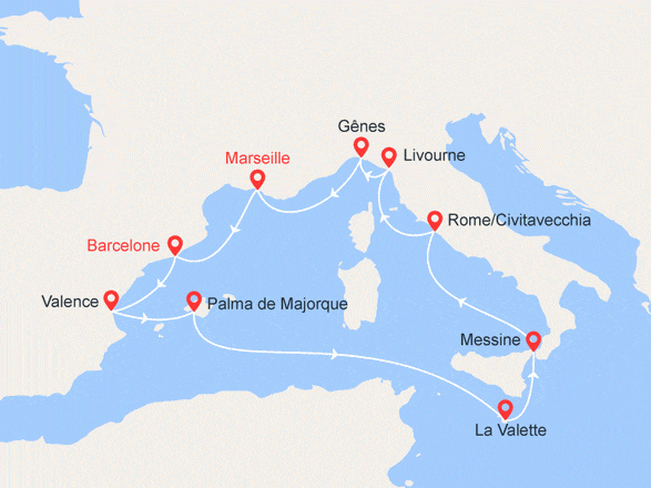 itinéraire croisière Iles Baléares : France, Espagne, Malte, Italie